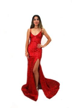 Kırmızı Pul Payet Askılı Balık Elbise