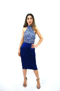 Saten Saks Swarovski Taş Detaylı Kalem Elbise