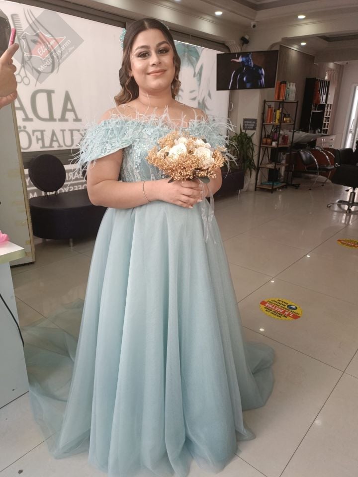 Bebe Mavisi Madonna Yaka İşlemeli Prenses Abiye After mezuniyet nikah Elbisesi